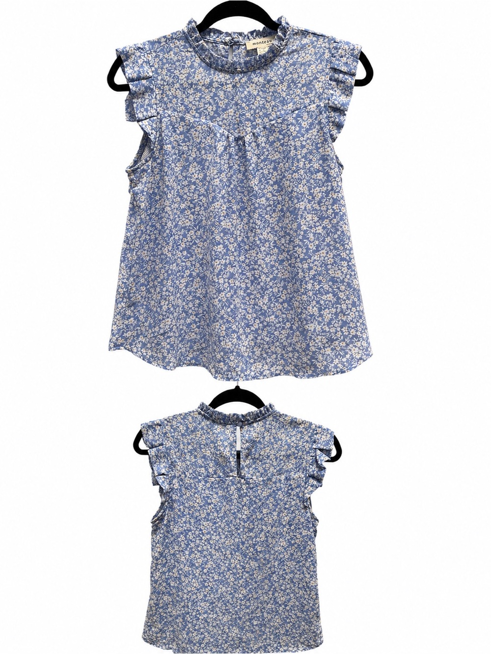 Light Blue Floral Ruffle Sleeve Top